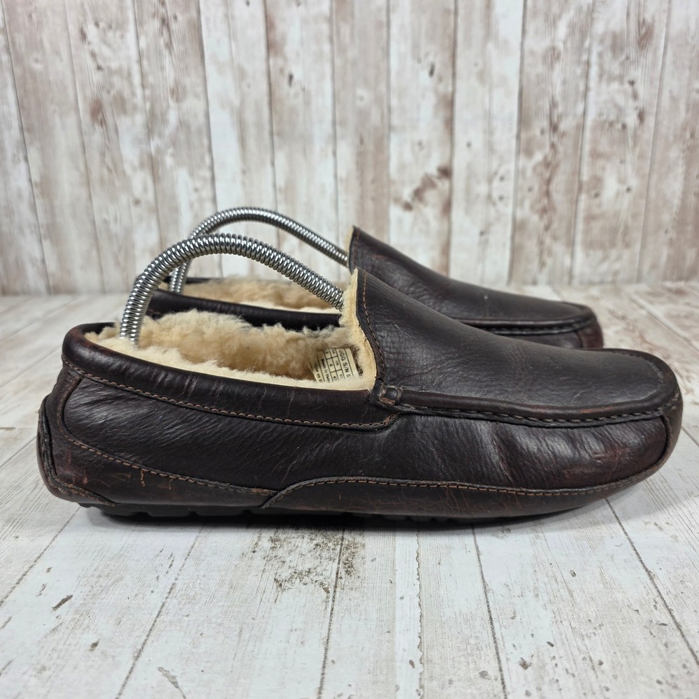 UGG Ascot Brown Leather Sheepskin Lined Slipper Loafers Mens 9 5379